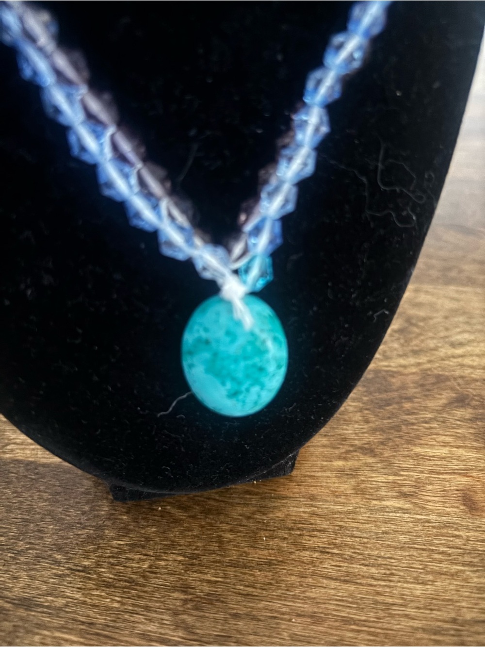 Turquoise Oval Stone Pendant Necklace - Blue Beaded Chain